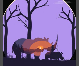 Fundo Da Vida Selvagem Fundo Cenário Rinoceronte Esboço Silhueta Escura Borrada