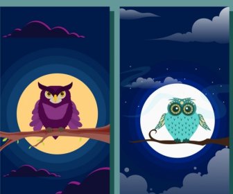 Wildlife Background Sets Owl Round Moon Icons Decor