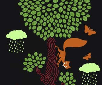 Satwa Liar Latar Belakang Pohon Fox Kupu-kupu Ikon Kartun Desain