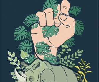 야생 동물 배너 템플릿 코뿔소 잎 손 스케치