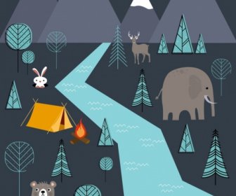 野生キャンプ背景動物テント キャンプファイヤーの木アイコン