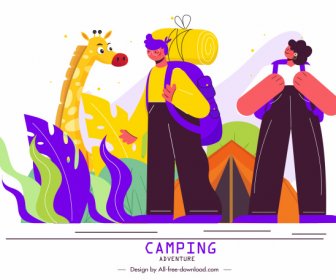 野生动物露营绘画徒步旅行者长颈鹿素描卡通设计