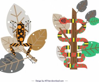 Wildtier-Design-Elemente Frosch-Schlangenblatt-Ikonen
