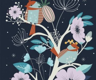 ícones De Flores Pássaros Desenho Vida Selvagem Esboçar
