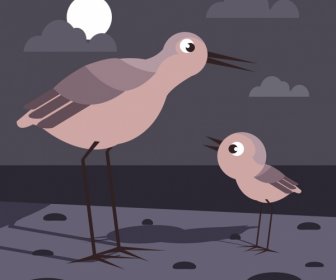 Wildlife Drawing Birds Moonlight Icons Cartoon Design