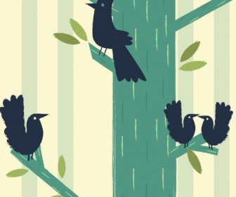 дикой природы, рисование черные птицы дерево иконки плоский эскиз