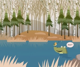 дикой природы рисования крокодил птиц иконы мультфильм дизайн