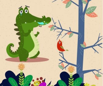 Wildlife Drawing Crocodile Birds Icons Stylized Colored Cartoon