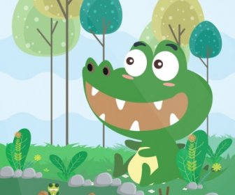 野生動物繪畫鱷魚青蛙圖標可愛卡通設計