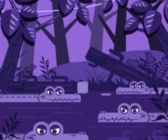 野生動物畫鱷魚池塘森林圖示紫羅蘭裝飾