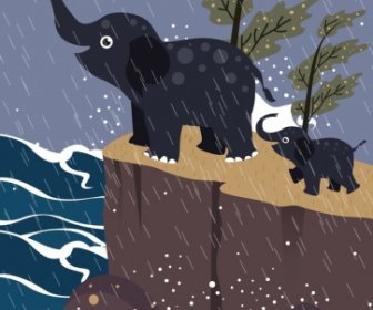 Wildlife Drawing Elephant Rain Icons Colored Cartoon