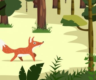 La Fauna Selvatica Attirando Fox Tree Icone Cartoon Design