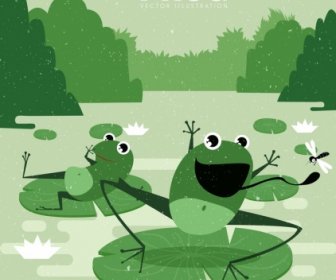 野生動物畫青蛙綠色復古卡通圖標