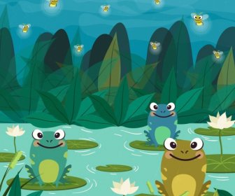 野生動物青蛙池塘蓮花圖標彩色卡通畫