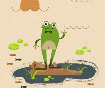 野生動物畫綠色的青蛙圖標風格化的動畫設計