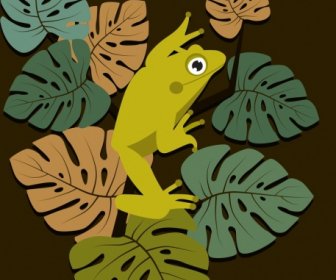 野生動物畫綠色的青蛙的葉子圖標經典設計