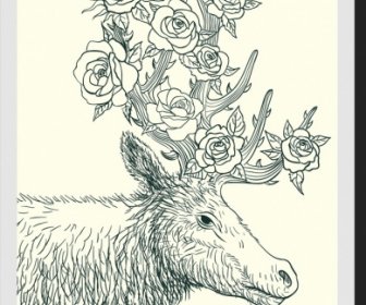 Wildlife Drawing Reindeer Rose Icons Handdrawn Outline