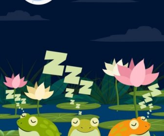 野生動物繪畫睡青蛙月光蓮花圖標裝潢