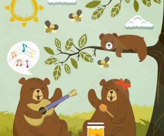 Wildlife Drawing Stylized Brown Bears Honeybees Colored Cartoon