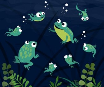 野生動物繪畫游泳的青蛙彩色卡通設計
