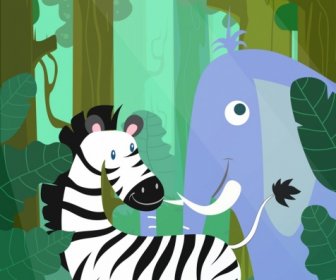 Margasatwa Menggambar Zebra Gajah Ikon Kartun Berwarna