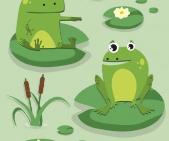 Wildlife Painting Green Frog Lotus Leaves Cartoon Design