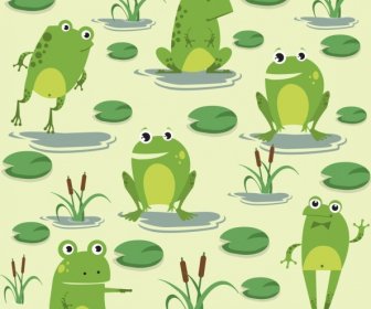 Wildlife Painting Green Frogs Icons Cute Cartoon Design