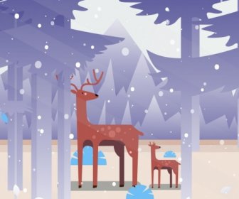 Wildlife Painting Reindeer Forest Snowfall Icons Cartoon Design