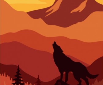 野生動物絵画オオカミ山月明かりスケッチシルエットの装飾