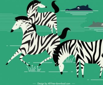Wildlife Painting Zebra Crocodile Icons Colored Classical Design