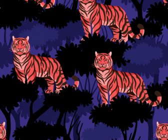 Templat Pola Satwa Liar Mengulangi Sketsa Gelap Pohon Harimau