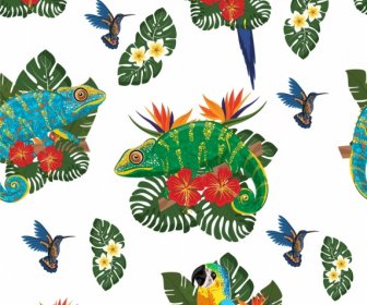 Padrão De Vida Selvagem Pica-pau Iguana Papagaio Flores Decoração