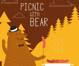 Satwa Liar Piknik Banner Bergaya Beruang Barbekyu Ikon