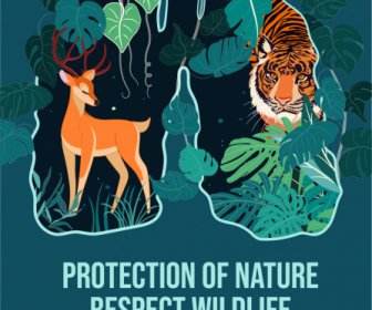 Bandeira De Proteção Da Vida Selvagem Escuro Clássico Animais Esboço Selva