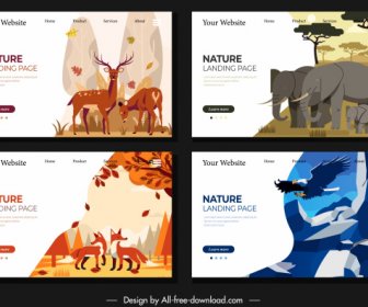 Wildlife Webpage Templates Reindeers Elephant Fox Eagle Sketch