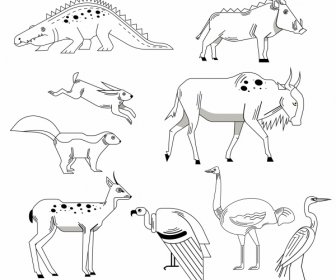 Wilds Animali Specie Icone Bianco Nero Disegnato A Mano