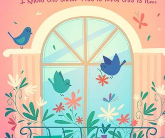 Jendela Burung Dan Bunga Vektor