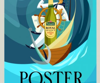 와인 광고 포스터 템플릿 선원 해양 요소 스케치