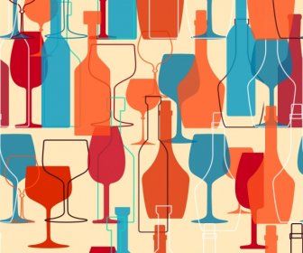 خلفية النبيذ زجاجات النظارات زخرفة ملونة رسم مكرر