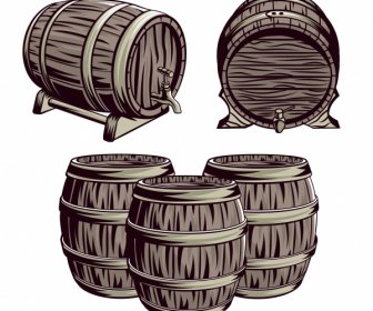 Wine Barrels Icons Handdrawn Retro Sketch