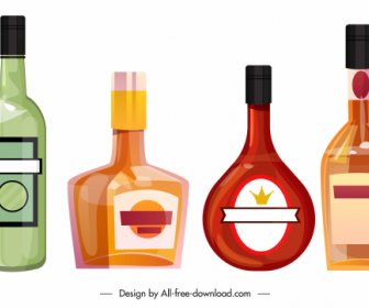 Wine Bottle Icons Colored Flat Shapes Sketch