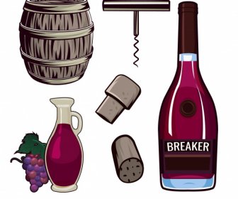 Wein Design Elemente Farbige Retro Symbole Skizze