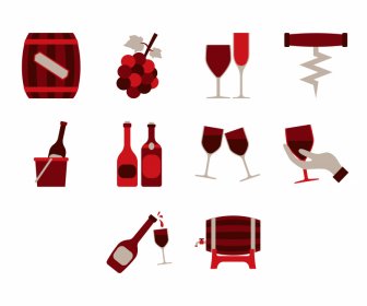 şarap Simgesi Setleri Düz Zarif Klasik Semboller Taslağı