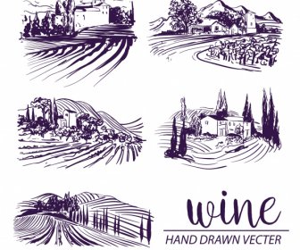 Elementos De Decoração De Rótulo De Vinho Vintage Cena Campo Desenhado à Mão