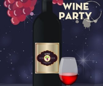 Wein-Party Banner-bunte Flasche Glas Trauben Symbole