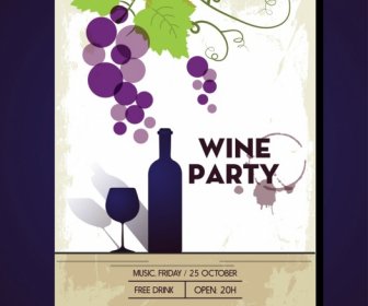 와인 파티 전단지 다채로운 포도 유리 장식 병