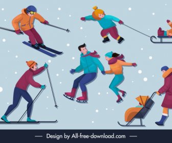 Winter Activities Icons Cartoon Characters Sketch