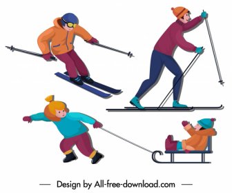 Winter Aktivitäten Ikonen Fröhliche Menschen Skizzieren Zeichentrickfiguren