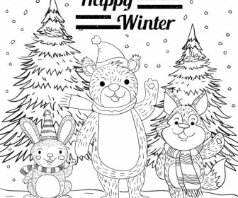 L'inverno Passato Orso Coniglio Fox Icone Handdrawn Sketch