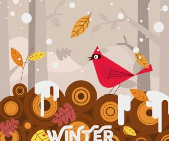 Winter Background Bird Leaf Snowfall Icons Decor